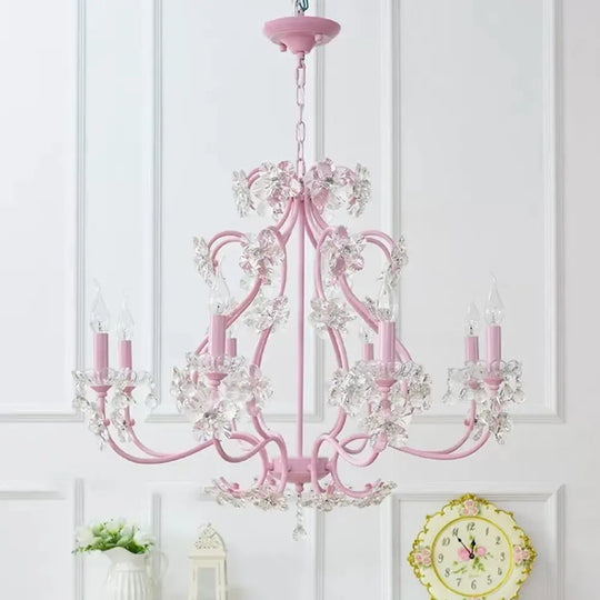 Pink Crystal Kids Metal Chandelier: Candle-Shaped Hanging Light With Clear Crystals For Dining Room