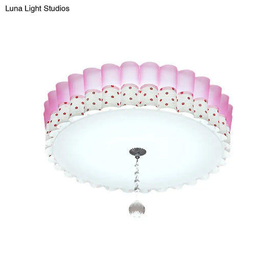 Pink Drum Flush Mount Ceiling Light With Acrylic Led Wavy Trim And Crystal Ball - Pastoral Bedroom
