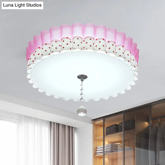 Pink Drum Flush Mount Ceiling Light With Acrylic Led Wavy Trim And Crystal Ball - Pastoral Bedroom