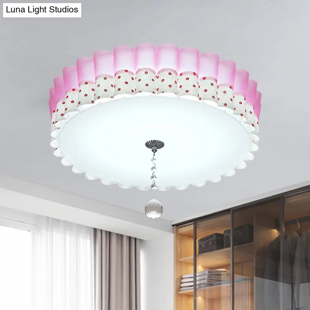 Pink Drum Flush Mount Ceiling Light With Acrylic Led Wavy Trim And Crystal Ball - Pastoral Bedroom