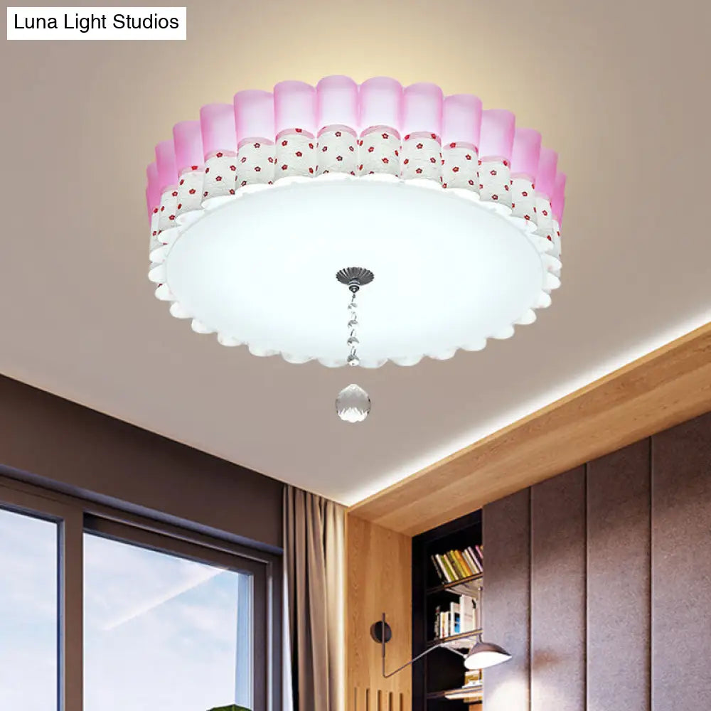 Pink Drum Flush Mount Ceiling Light With Acrylic Led Wavy Trim And Crystal Ball - Pastoral Bedroom