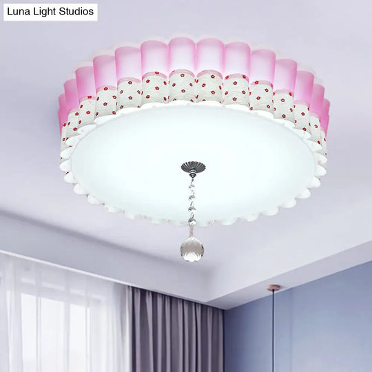 Pink Drum Flush Mount Ceiling Light With Acrylic Led Wavy Trim And Crystal Ball - Pastoral Bedroom