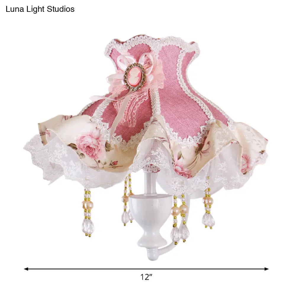 Pink Fabric Wall Mounted Lamp With Curved Arm And Crystal Deco - American Garden Inspired 1-Light