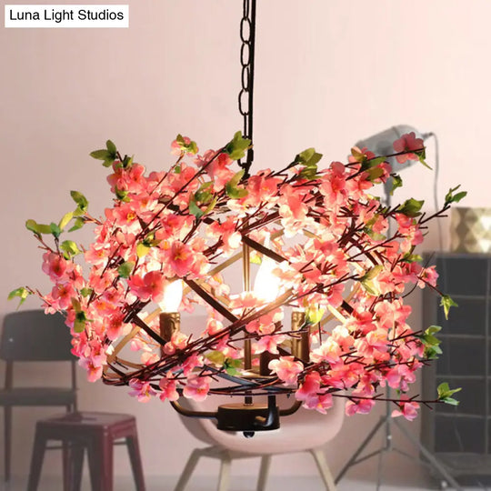 Metallic Retro Chandelier With Pink Decorative Flower And 4 Bulbs For Restaurants