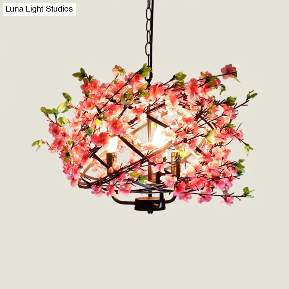 Pink Flower Retro Cage Chandelier With 4 Metallic Bulbs For Restaurant Suspension Lighting