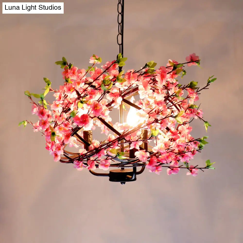 Metallic Retro Chandelier With Pink Decorative Flower And 4 Bulbs For Restaurants