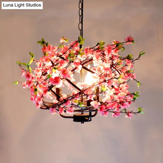 Metallic Retro Chandelier With Pink Decorative Flower And 4 Bulbs For Restaurants