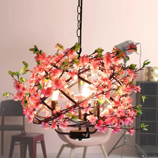 Pink Flower Retro Cage Chandelier With 4 Metallic Bulbs For Restaurant Suspension Lighting