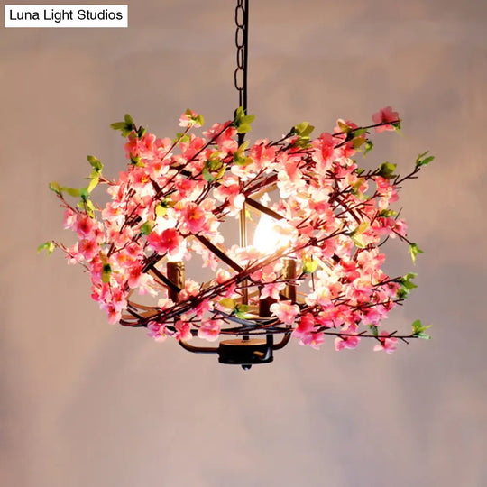 Pink Flower Retro Cage Chandelier With 4 Metallic Bulbs For Restaurant Suspension Lighting