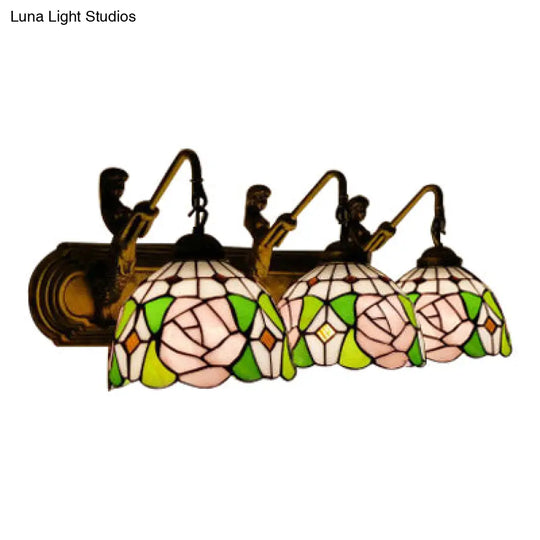 Pink Glass Sconce Light - Tiffany Style Wall Mounted Fixture With 3 Lights And Rose Pattern In Brass