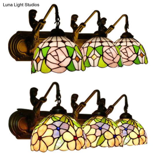 Pink Glass Sconce Light - Tiffany Style Wall Mounted Fixture With 3 Lights And Rose Pattern In Brass