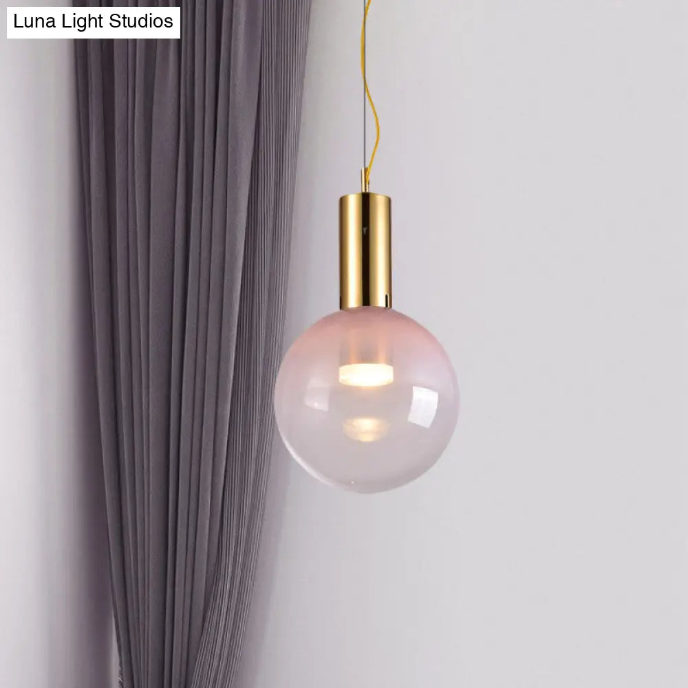 Contemporary 1-Head Gold Glass Ball Suspension Light With Gradient Pink Finish