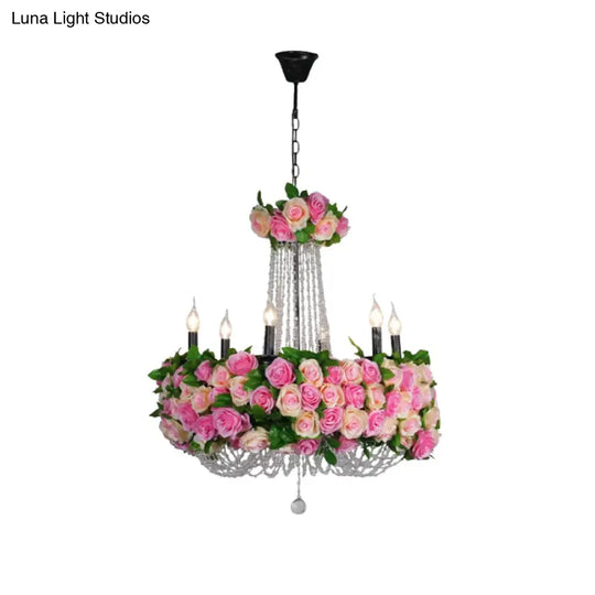 Farmhouse Candelabra Chandelier In Pink With Crystal Accent - 6-Head Iron Flower Ceiling Light