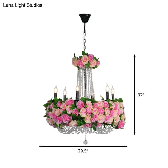 Farmhouse Candelabra Chandelier In Pink With Crystal Accent - 6-Head Iron Flower Ceiling Light