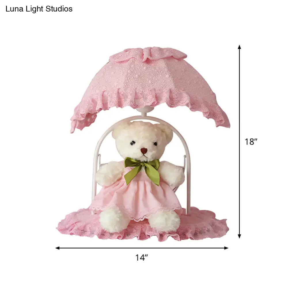 Pink Kids Bear Table Lamp With Lace Trim - Ideal Nursery Nightstand Lighting