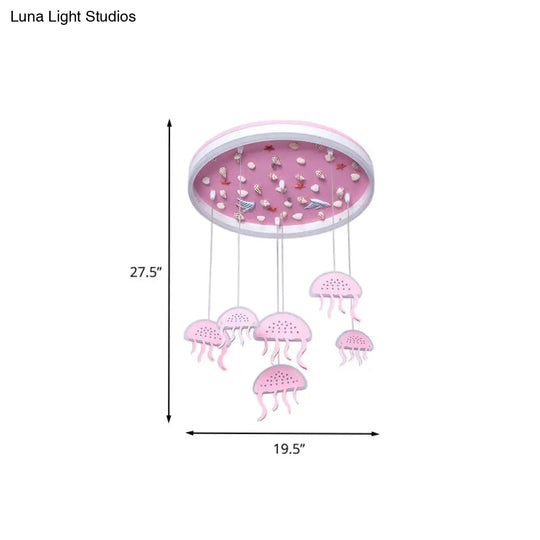 Pink Led Flush Mount Ceiling Light With Jellyfish Pendant And Seashell Decoration For Kids