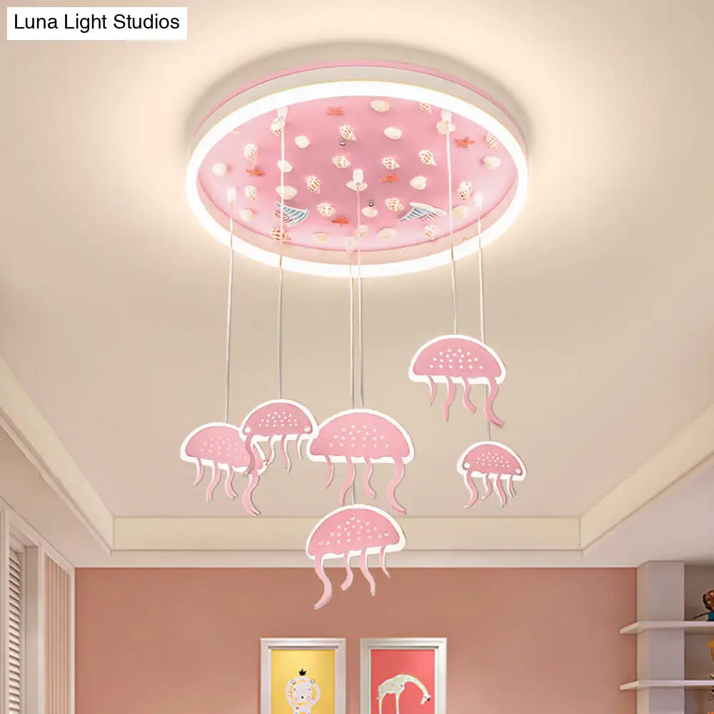 Pink Led Flush Mount Ceiling Light With Jellyfish Pendant And Seashell Decoration For Kids