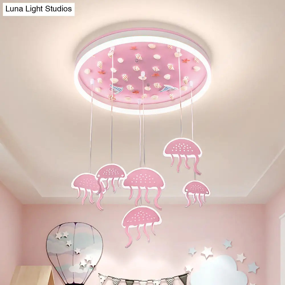 Pink Led Flush Mount Ceiling Light With Jellyfish Pendant And Seashell Decoration For Kids