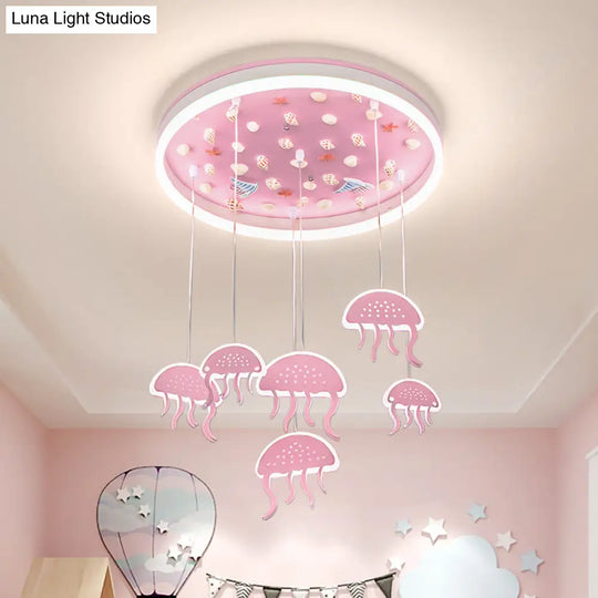 Pink Led Flush Mount Ceiling Light With Jellyfish Pendant And Seashell Decoration For Kids