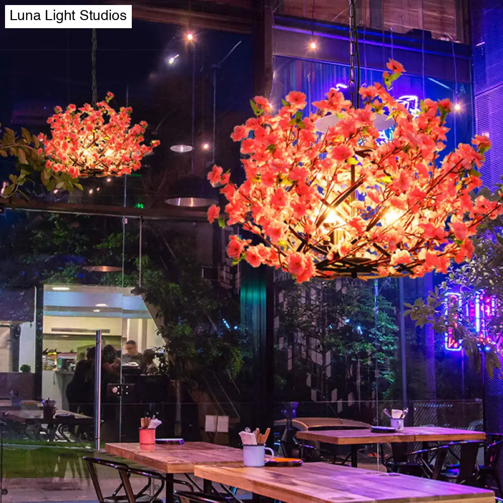 Industrial Peach Blossom Chandelier - Pink Led Pendant Lamp For Restaurants (3 Lights)