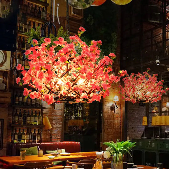 Pink Led Pendant Chandelier Light - Industrial Peach Blossom Design Ideal For Restaurants 3 Lights