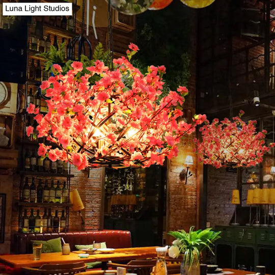 Industrial Peach Blossom Chandelier - Pink Led Pendant Lamp For Restaurants (3 Lights)