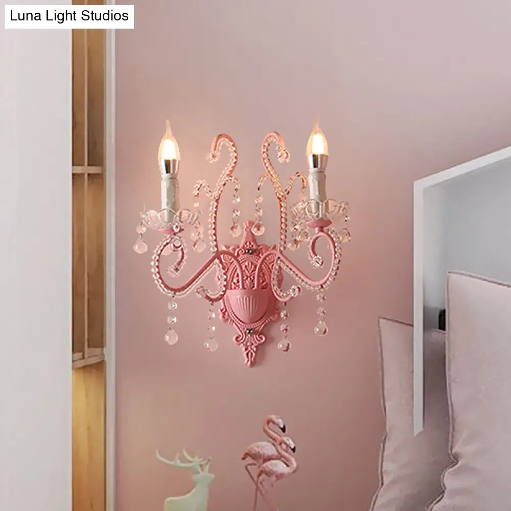 Pink Metal Cartoon Candle Sconce With Crystal Deco For Girls Bedside