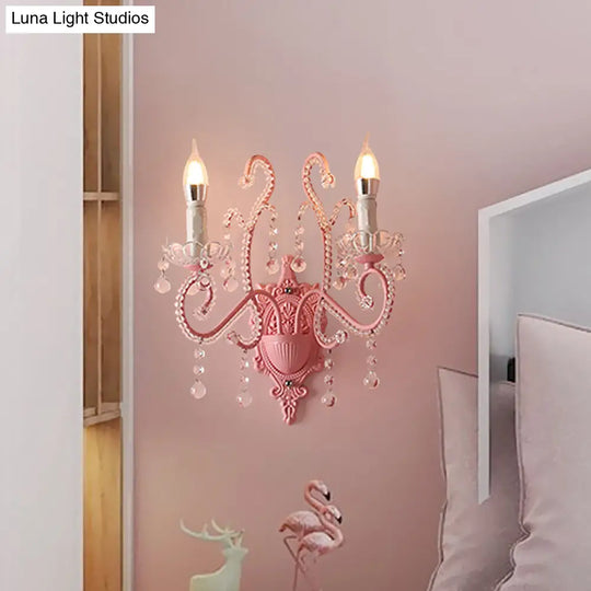 Pink Metal Cartoon Candle Sconce With Crystal Deco For Girls Bedside