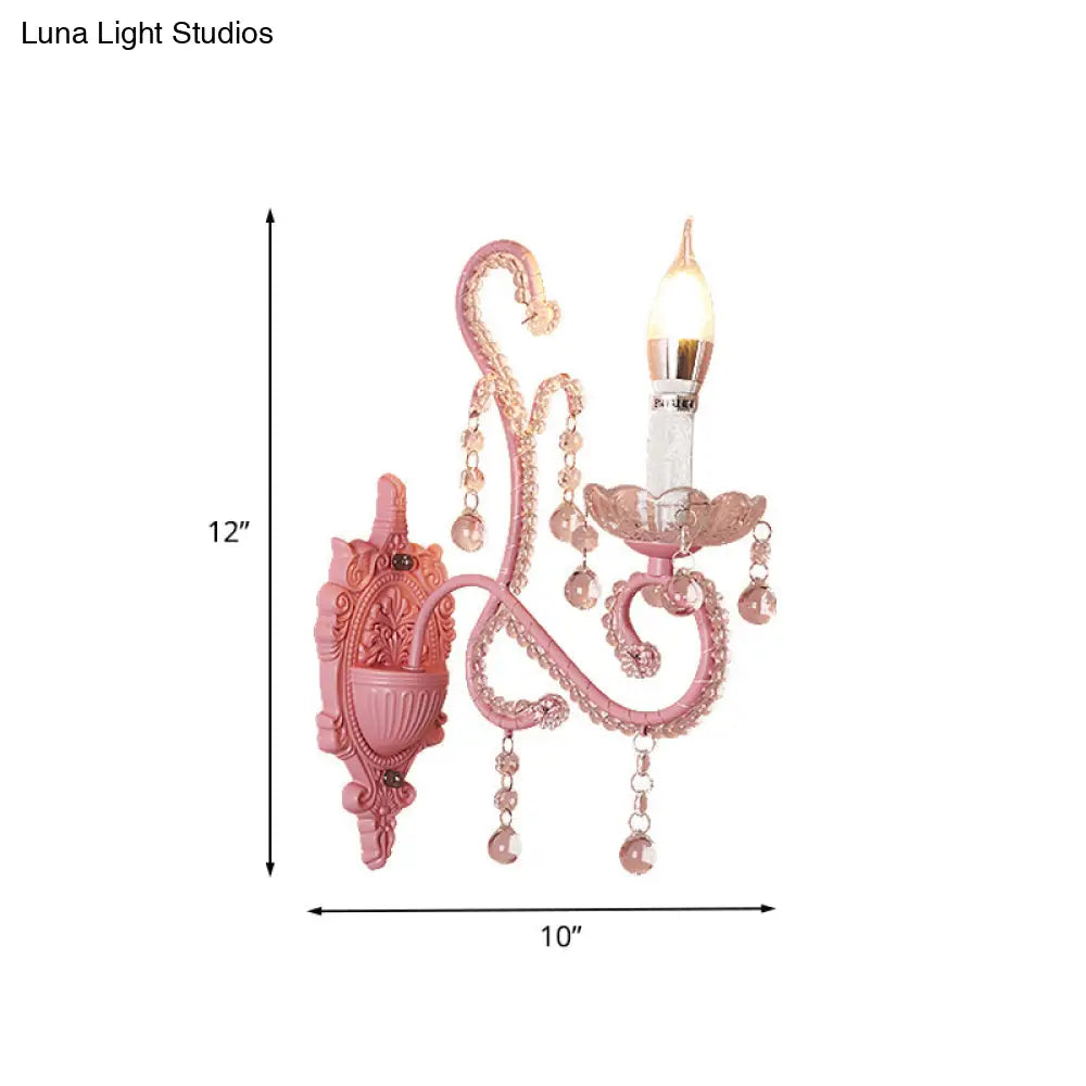 Pink Metal Cartoon Candle Sconce With Crystal Deco For Girls Bedside