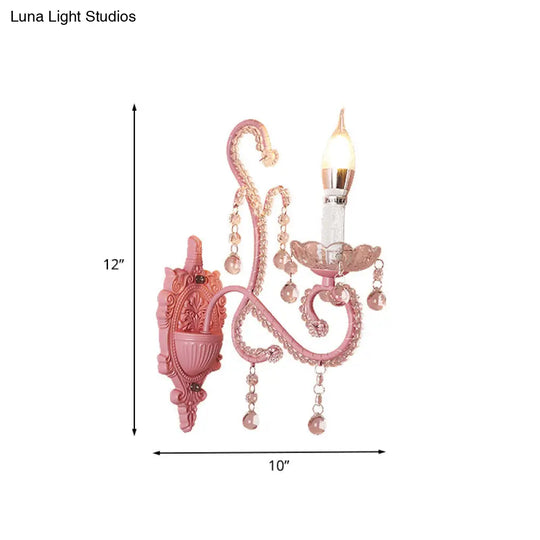 Pink Metal Cartoon Candle Sconce With Crystal Deco For Girls Bedside