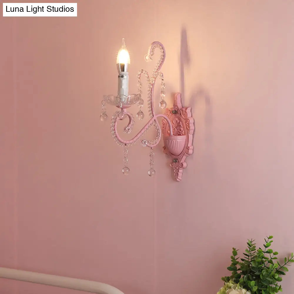 Pink Metal Cartoon Candle Sconce With Crystal Deco For Girls Bedside