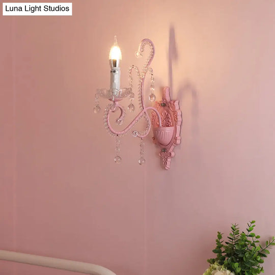 Pink Metal Cartoon Candle Sconce With Crystal Deco For Girls Bedside