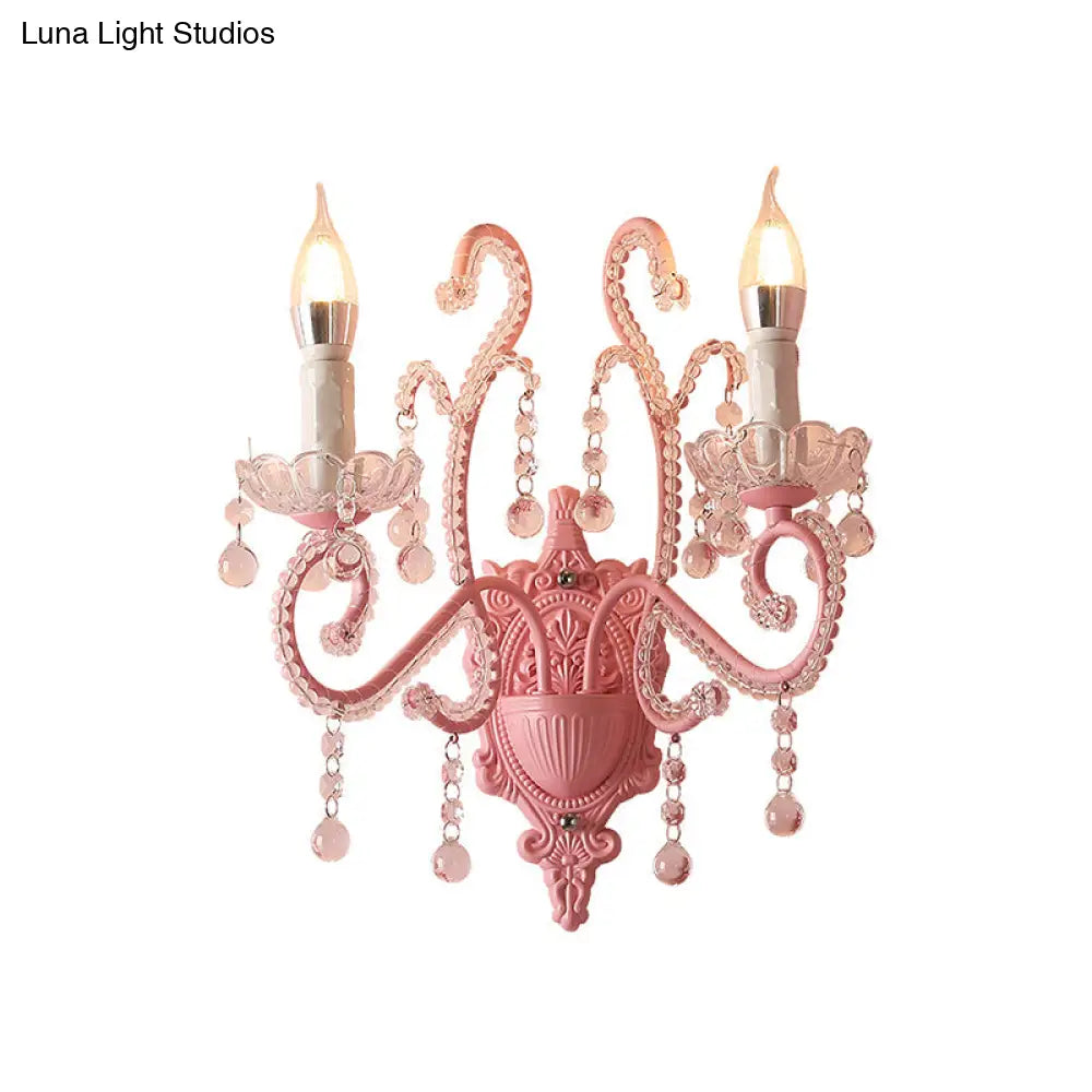 Pink Metal Cartoon Candle Sconce With Crystal Deco For Girls Bedside