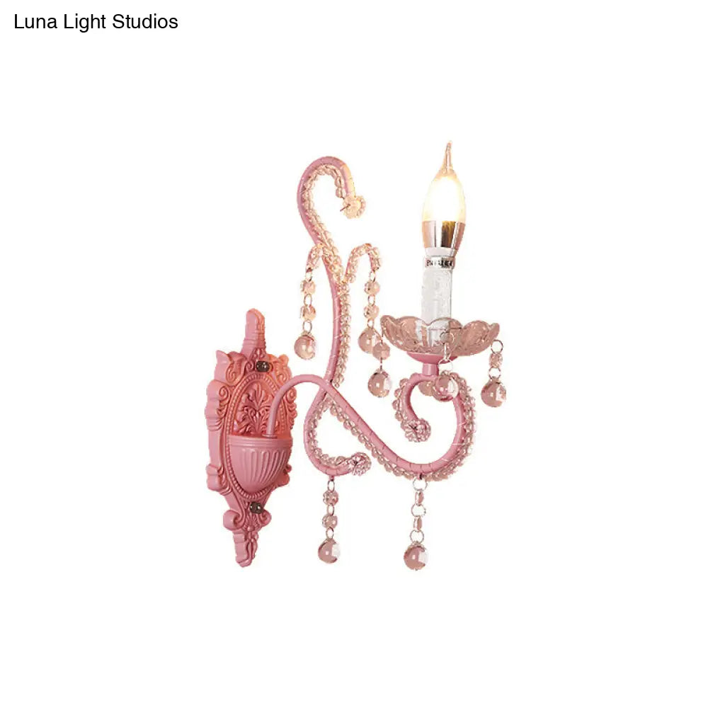 Pink Metal Cartoon Candle Sconce With Crystal Deco For Girls Bedside