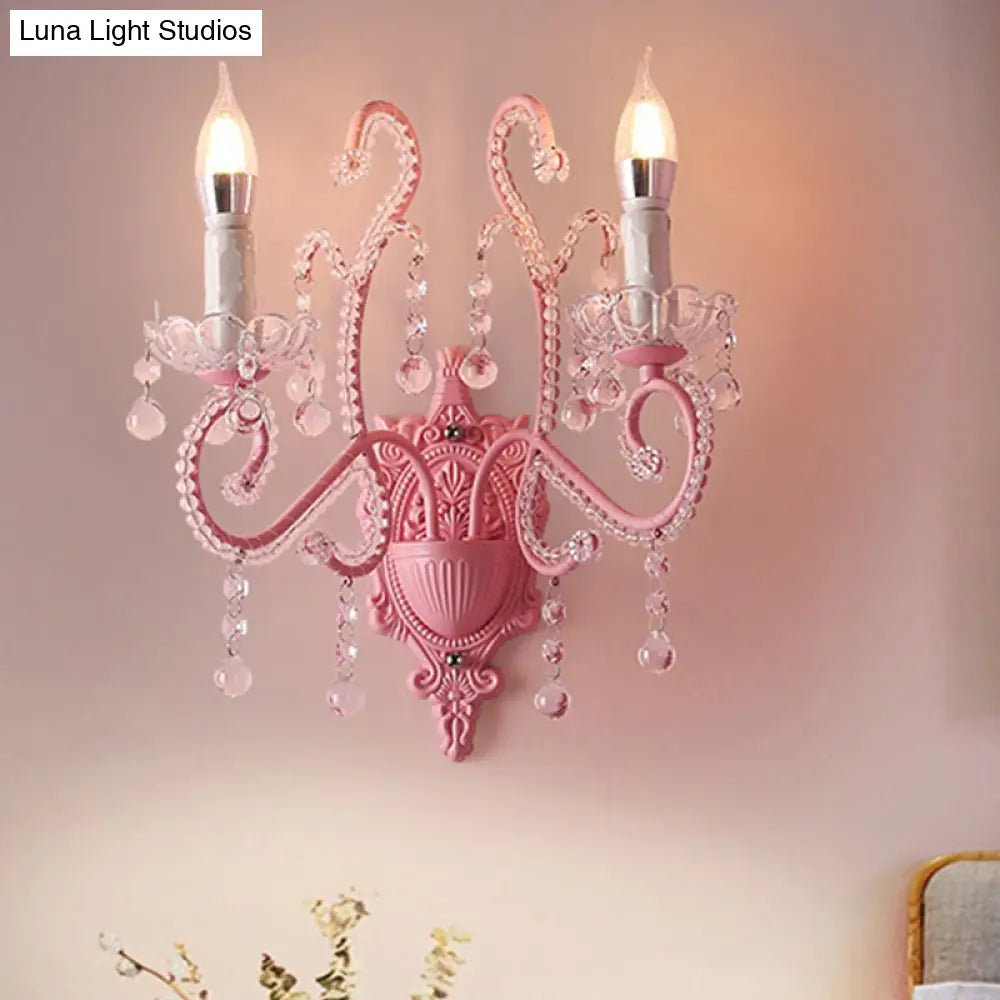 Pink Metal Cartoon Candle Sconce With Crystal Deco For Girls Bedside