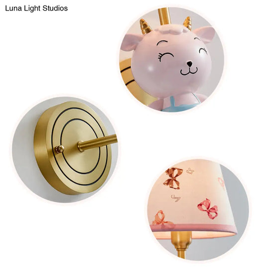 Pink Modern Wall Light With Sheep For Kids Bedroom - Empire Shade Fabric Fixture