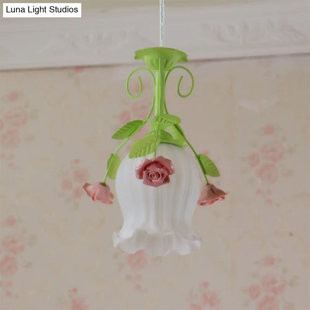 Pink Opal Glass Scallop Ceiling Light With Floral Decoration - Rural Hanging Pendant