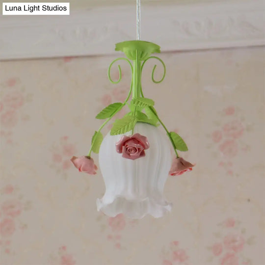 Pink Opal Glass Scallop Ceiling Light With Floral Decoration - Rural Hanging Pendant