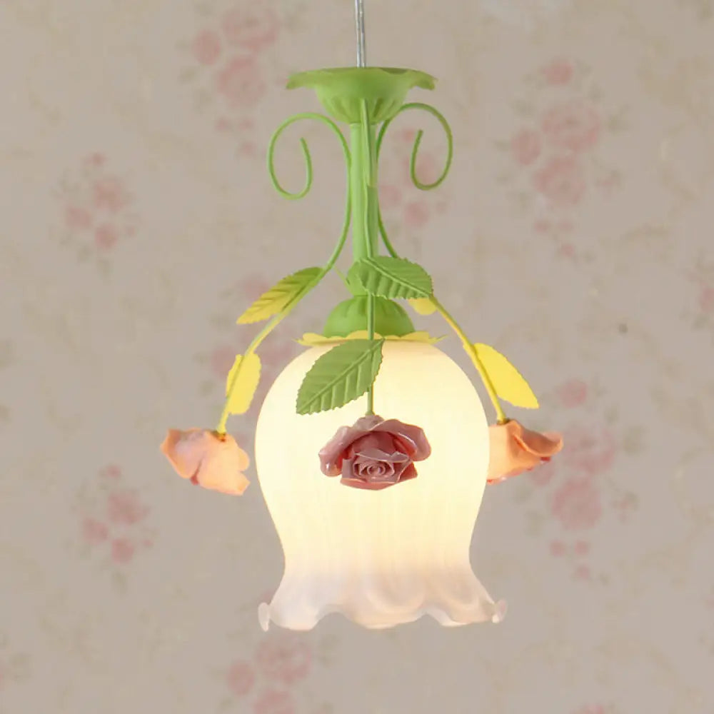 Pink Opal Glass Scallop Ceiling Light With Floral Decoration - Rural Hanging Pendant