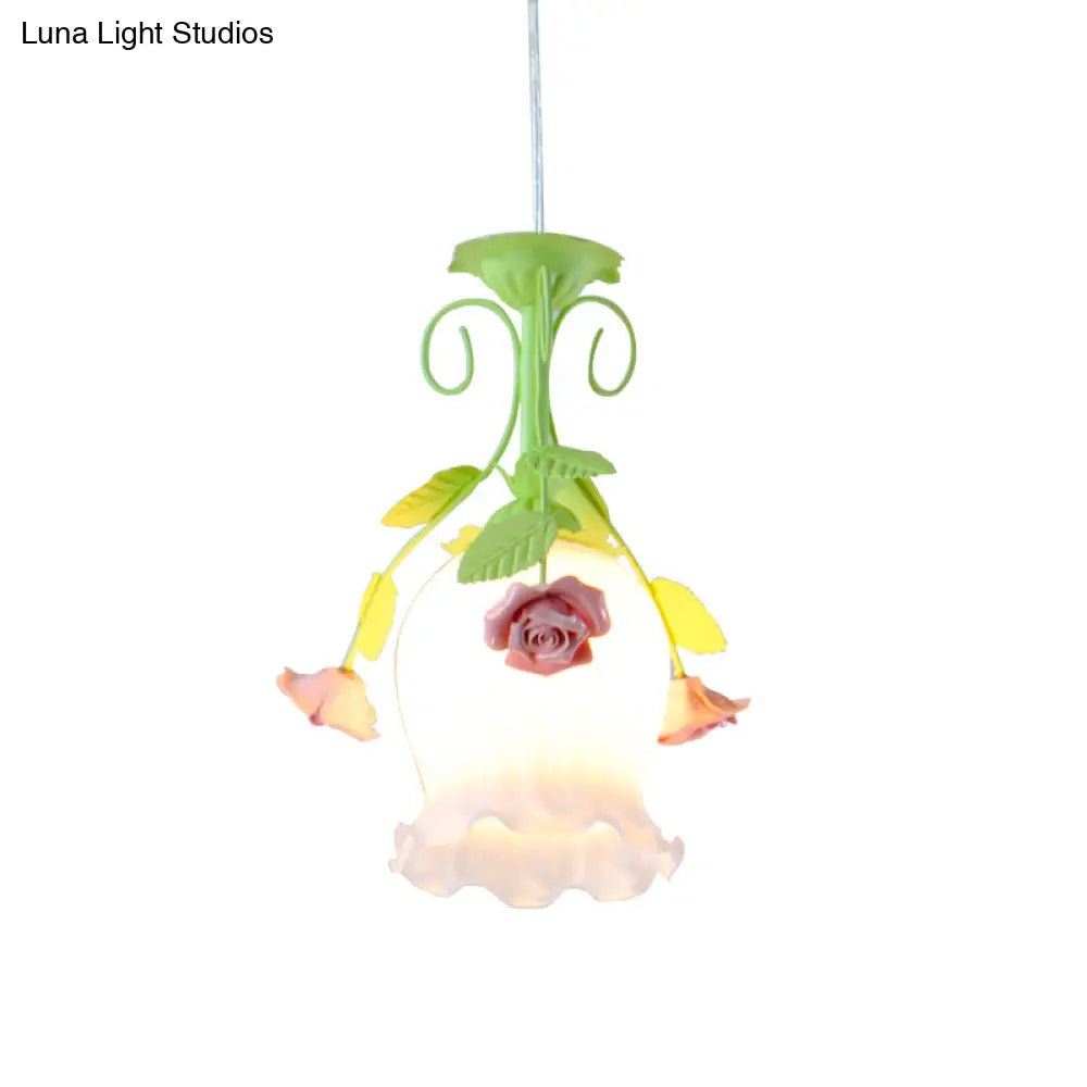 Pink Opal Glass Scallop Ceiling Light With Floral Decoration - Rural Hanging Pendant