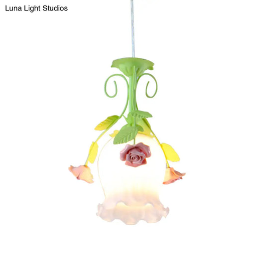 Pink Opal Glass Scallop Ceiling Light With Floral Decoration - Rural Hanging Pendant