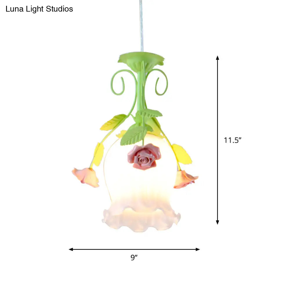 Pink Opal Glass Scallop Ceiling Light With Floral Decoration - Rural Hanging Pendant