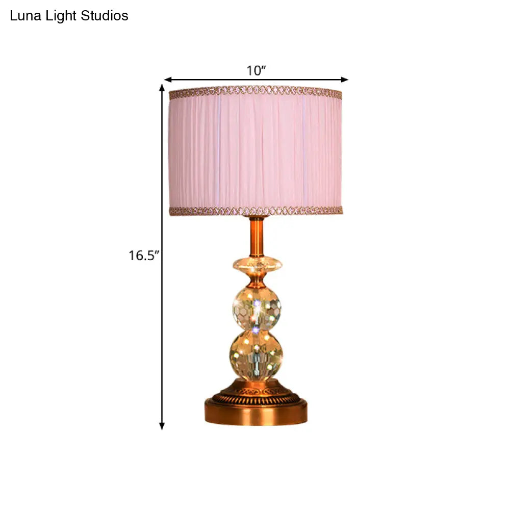 Pink Pleated Fabric Nightstand Lamp With Crystal Orbs: Traditional Design In Pink/White/Coffee Shade