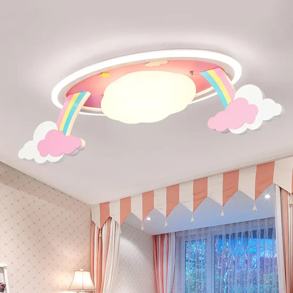 Pink Rainbow Cartoon Led Ceiling Light With Acrylic Shade - Oval Flush Mount