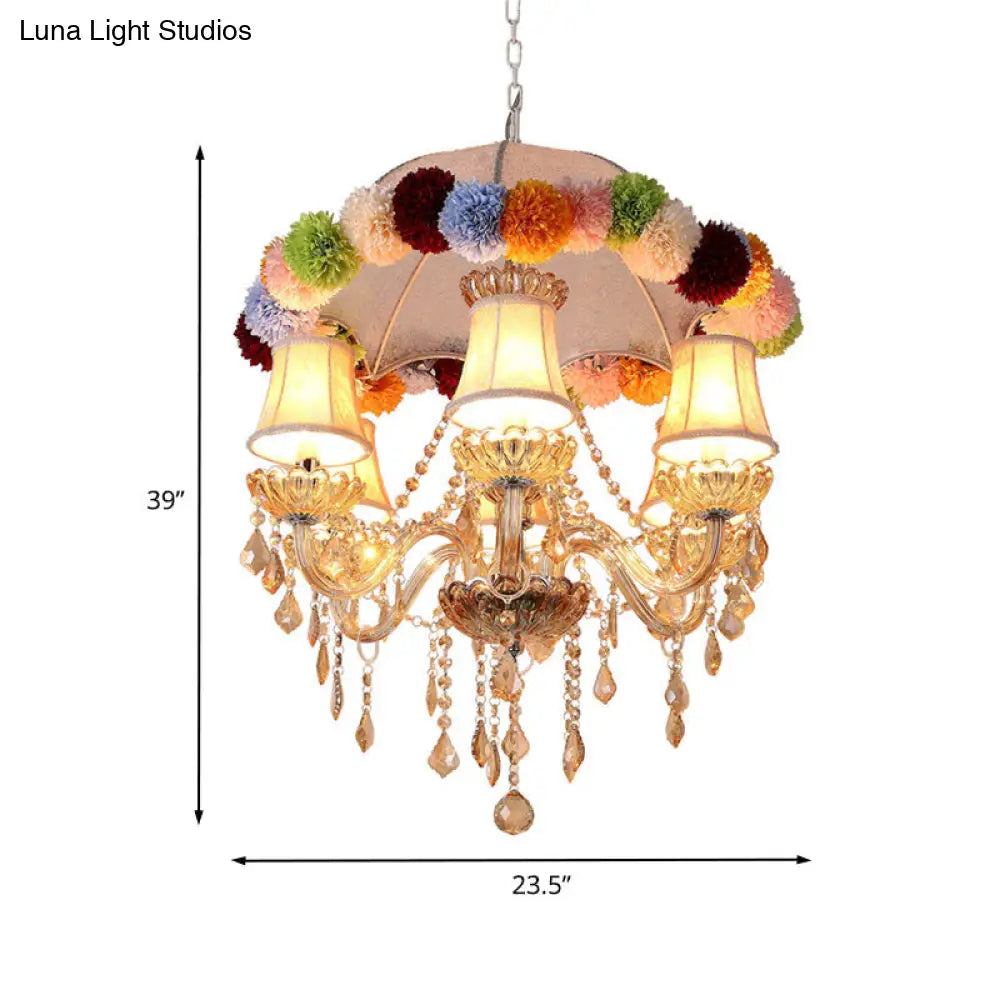 Retro Paneled Bell Suspension Lamp - 6-Bulb Pink Fabric Chandelier With Crystal Accent And Floral