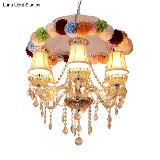 Retro Paneled Bell Suspension Lamp - 6-Bulb Pink Fabric Chandelier With Crystal Accent And Floral