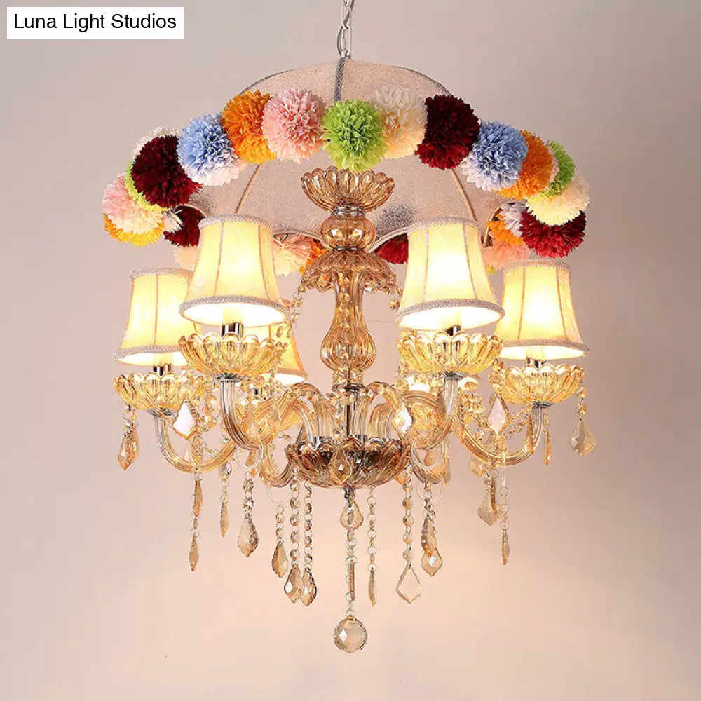 Retro Paneled Bell Suspension Lamp - 6-Bulb Pink Fabric Chandelier With Crystal Accent And Floral