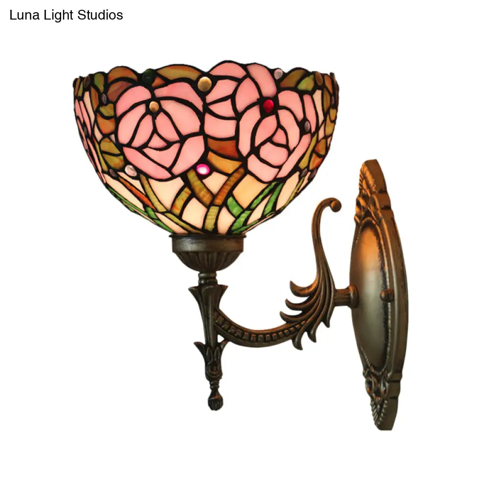 Pink Rose Tiffany Stained Glass Wall Mount Sconce With Bronze Carved Arm