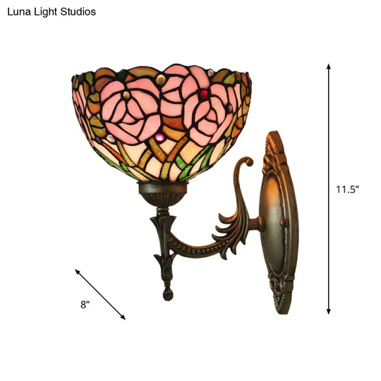 Pink Rose Tiffany Stained Glass Wall Mount Sconce With Bronze Carved Arm