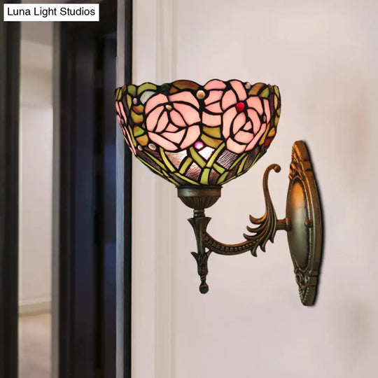 Pink Rose Tiffany Stained Glass Wall Mount Sconce With Bronze Carved Arm